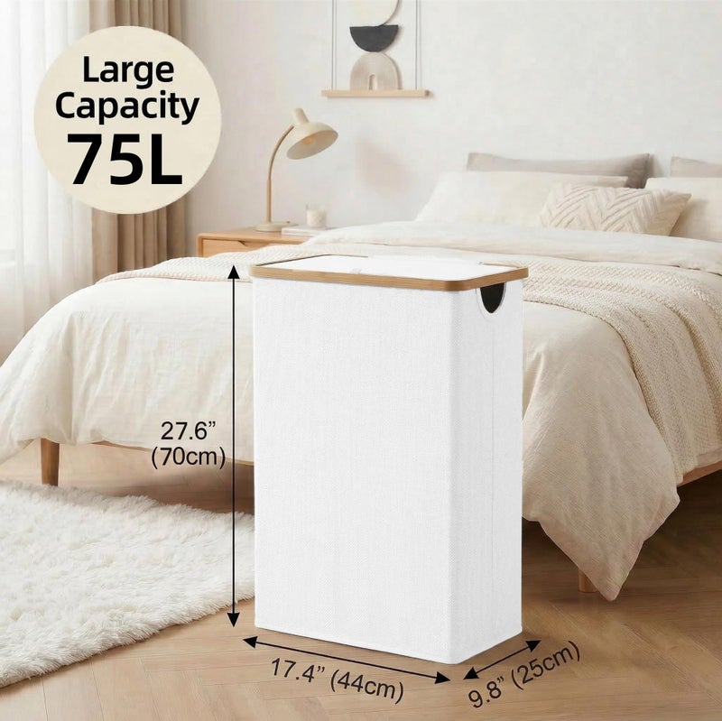 efluky Slim Laundry Basket with Lid, Narrow Laundry Hamper with Removable Bag, Skinny Dirty Clothes Basket with Bamboo Handles for Bathroom, Bedroom & Laundry Room, 75L White - Image 5