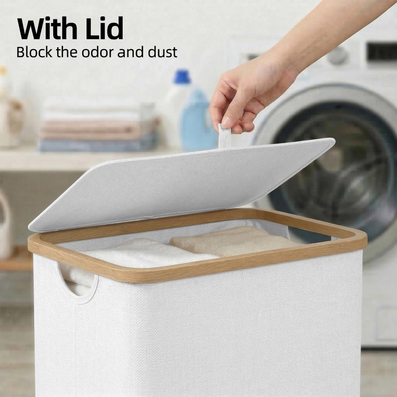 efluky Slim Laundry Basket with Lid, Narrow Laundry Hamper with Removable Bag, Skinny Dirty Clothes Basket with Bamboo Handles for Bathroom, Bedroom & Laundry Room, 75L White - Image 4