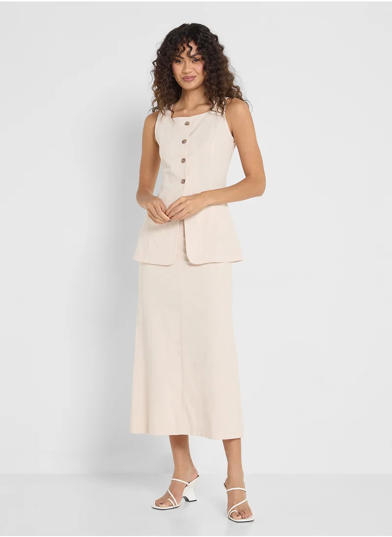 Ginger Linen Blend Longline Button Down Vest & Maxi Skirt Set