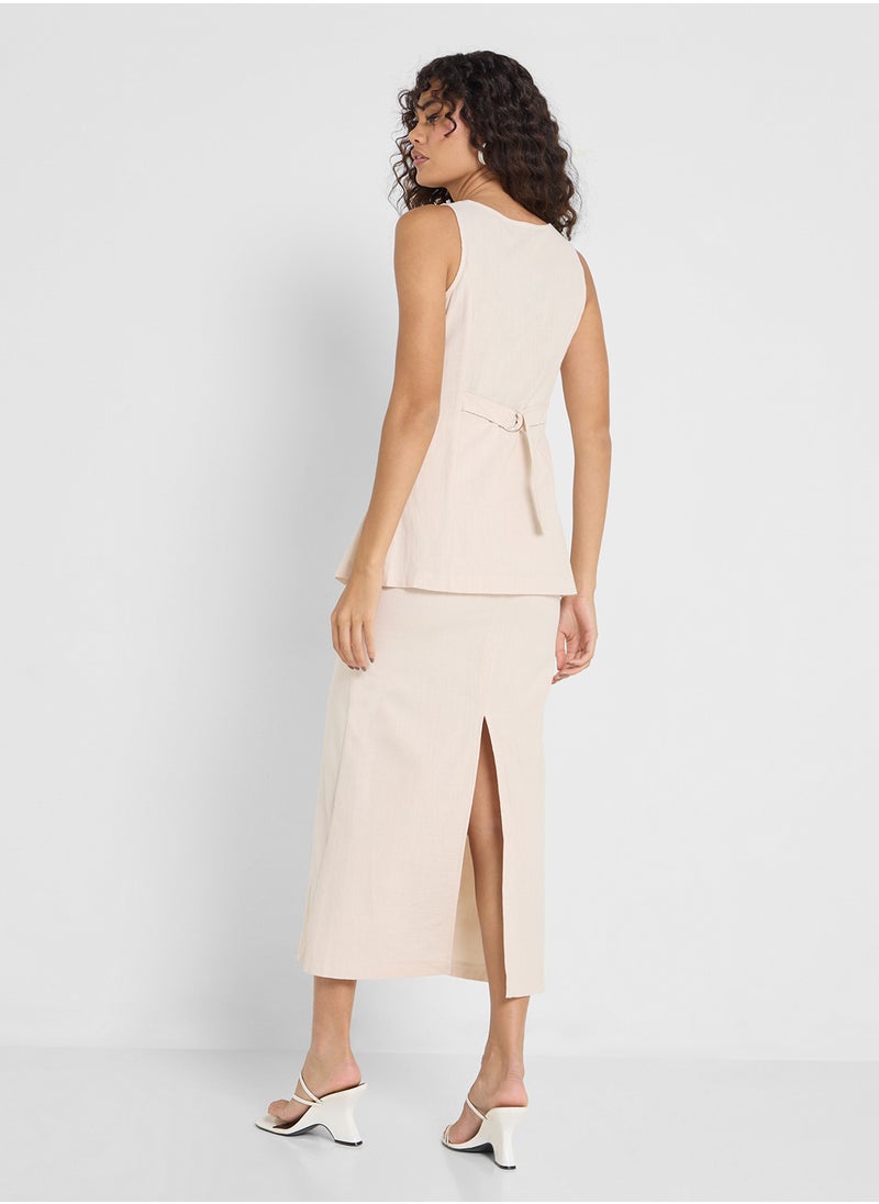 Linen Blend Longline Button Down Vest & Maxi Skirt Set