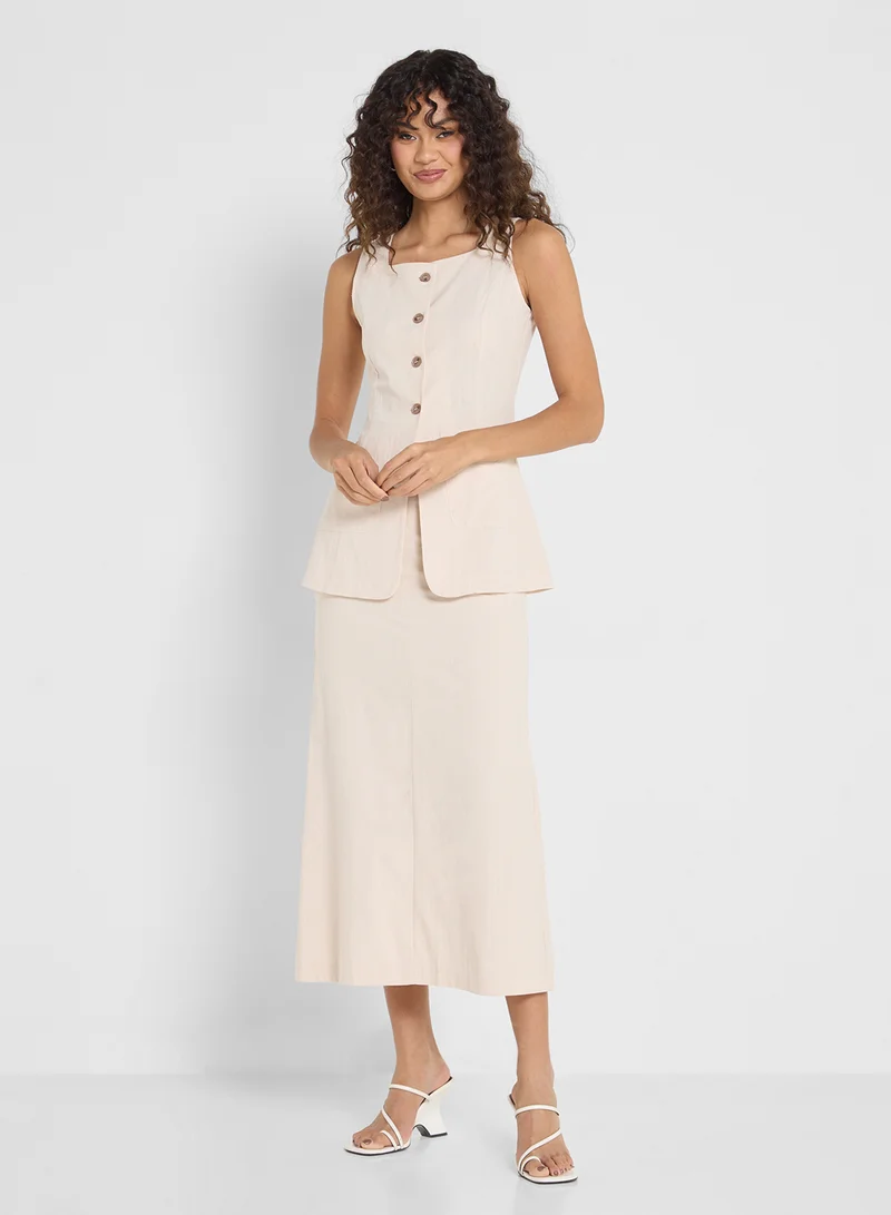 Ginger Linen Blend Longline Button Down Vest & Maxi Skirt Set