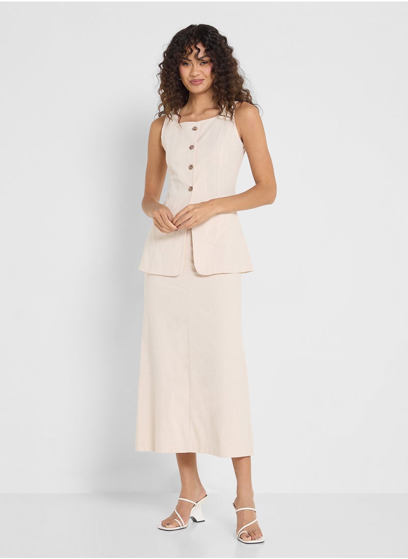 Linen Blend Longline Button Down Vest & Maxi Skirt Set