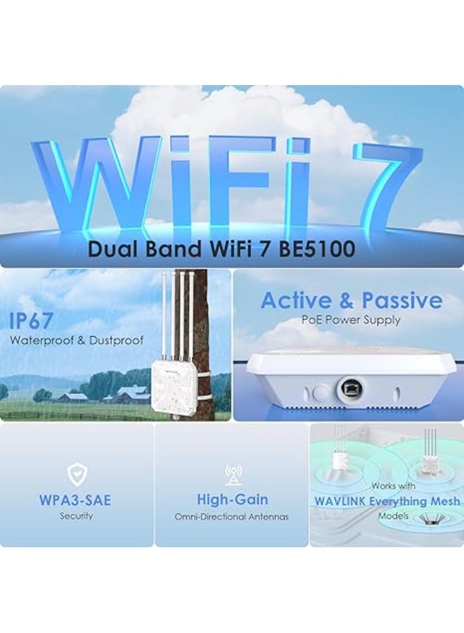WAVLINK WiFi 7 BE5100 Outdoor WiFi Extender, Dual Band Long-Range Outdoor WiFi Repeater|Access Point|Mesh Router, POE Powered | IP67 Waterproof | 4 x 8dBi Antennas, 2.5 Gbps Ethernet, Up to 300M - Image 3