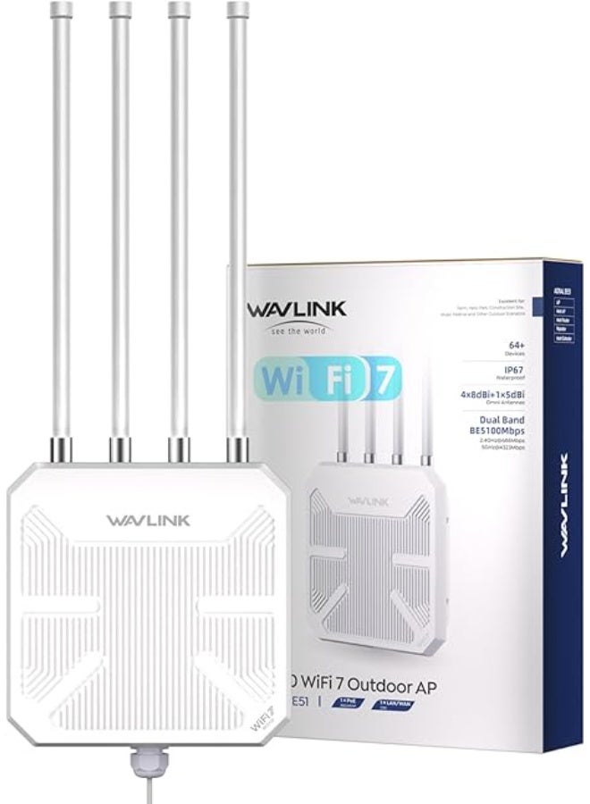 WAVLINK WiFi 7 BE5100 Outdoor WiFi Extender, Dual Band Long-Range Outdoor WiFi Repeater|Access Point|Mesh Router, POE Powered | IP67 Waterproof | 4 x 8dBi Antennas, 2.5 Gbps Ethernet, Up to 300M - Image 1
