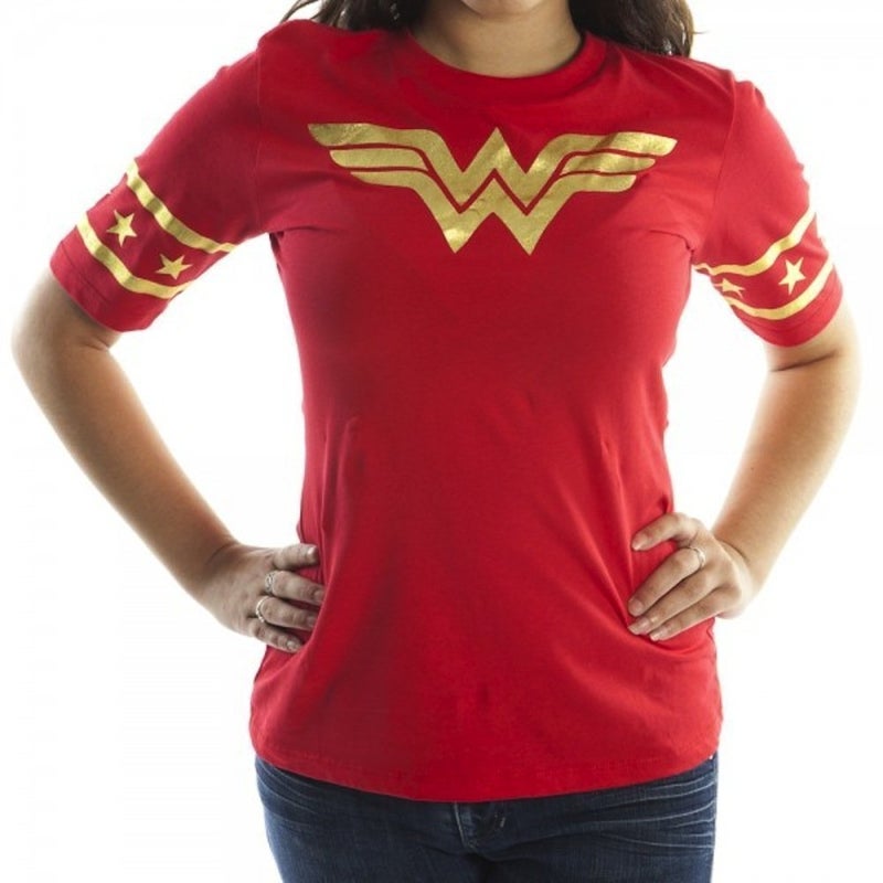 Bioworld Wonder Woman Gold Foil Striped Sleeves Red Juniors T-Shirt Tee (Large, Red)