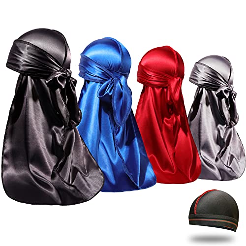 ForceWave 4PCS Silky Durags for Men Women 360 Waves with 1 Wave Cap, Silky Satin Durag Extra Long Tails - Image 1
