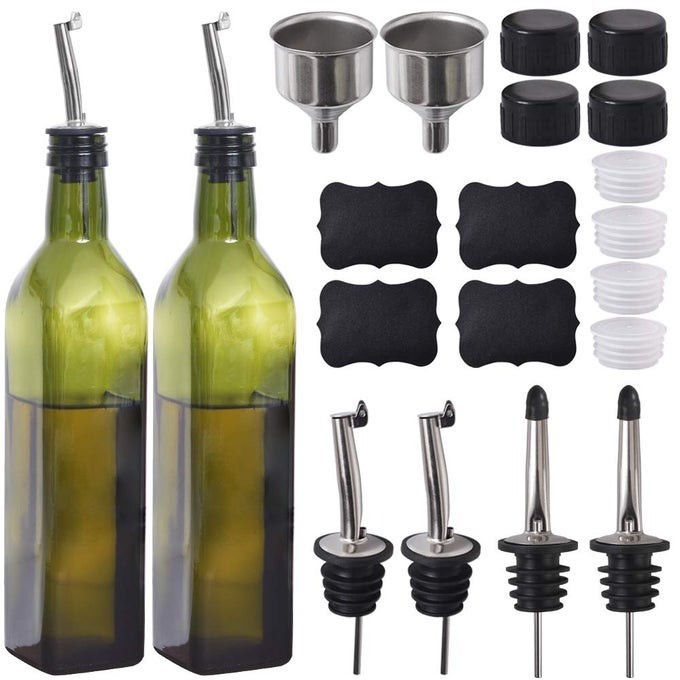 OLIVE OIL BOTTLE 17 OZ500 ML GLASSES OIL VINEGAR CRUET WITH POURERS FUNNEL OLIVE OIL DISPENSING CRUETS DECANTER CARAFE FOR KITCHEN GREEN SET OF 2