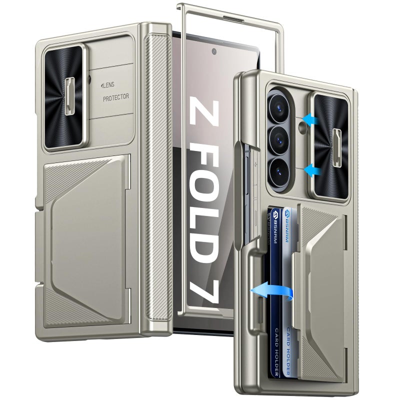 BSNRM for Samsung Galaxy Z Fold 7 Case with Card Holder RFID Blocking, Built in Slide Lens Cover & Hinge Protection & Screen Protector, Shockproof Wallet Case for Z Fold 7 (Titanium Gold) - Image 1