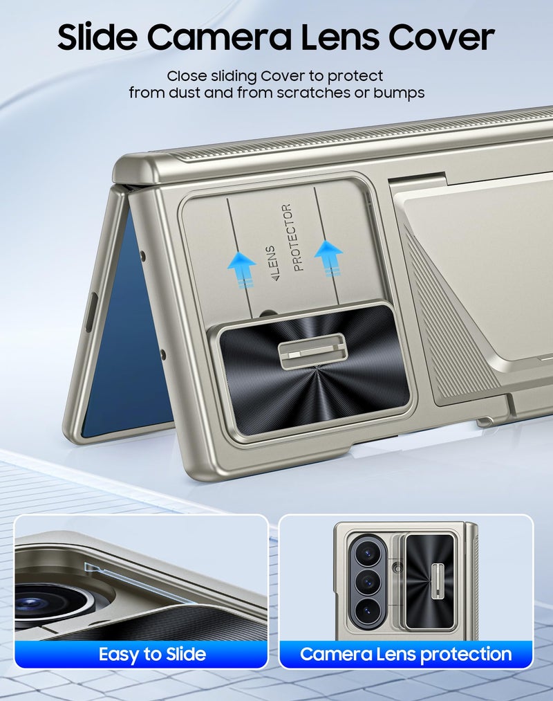 BSNRM for Samsung Galaxy Z Fold 7 Case with Card Holder RFID Blocking, Built in Slide Lens Cover & Hinge Protection & Screen Protector, Shockproof Wallet Case for Z Fold 7 (Titanium Gold) - Image 4