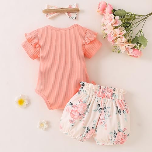 Yvowming Newborn Infant Baby Girl Clothes Outfits Rib Romper Floral Pants with Headband Winter Clothing Set (Peach, Newborn) - Image 3