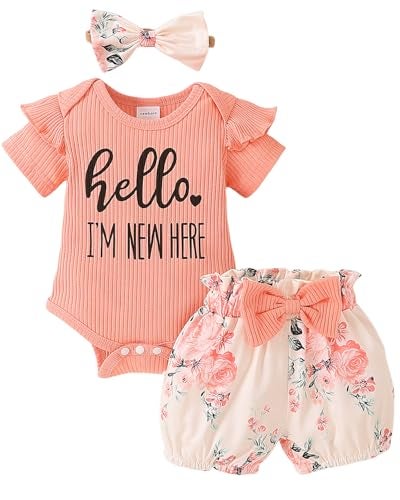 Yvowming Newborn Infant Baby Girl Clothes Outfits Rib Romper Floral Pants with Headband Winter Clothing Set (Peach, Newborn) - Image 1