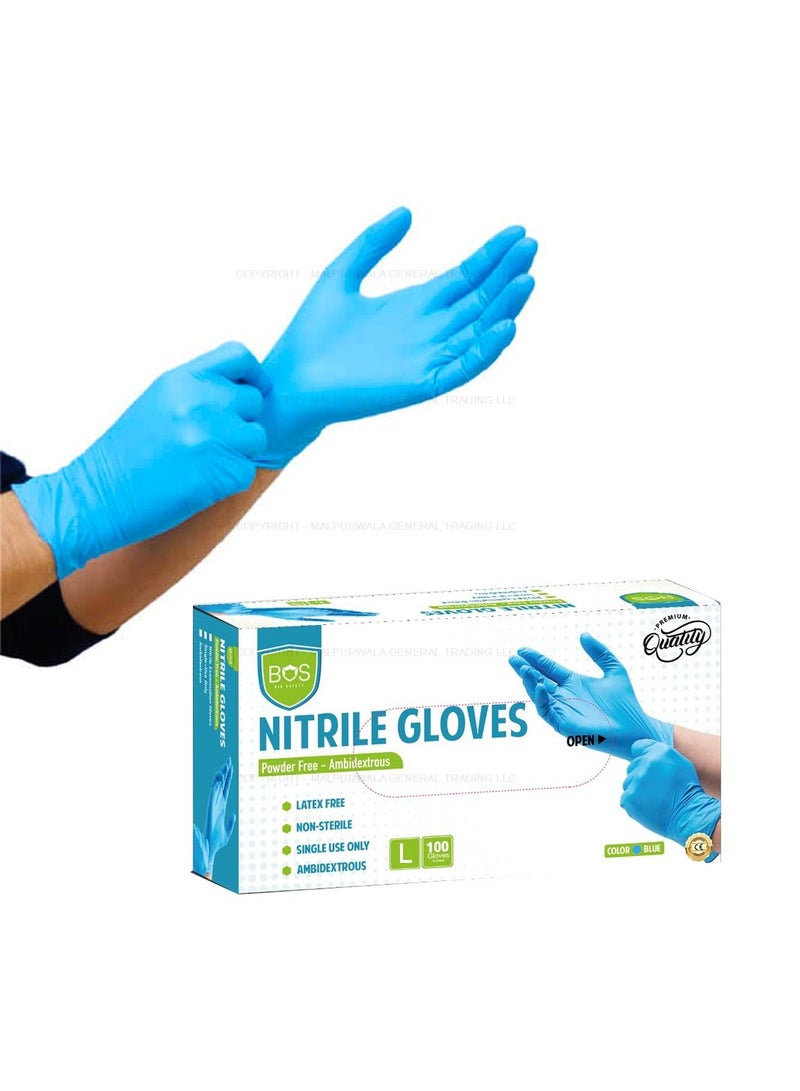 BOS Bio Safety (BOS) Nitrile Examination Gloves, Medical, Pack of 100 Gloves - Premium quality Powder Free, Ambidextrous, Non-Sterile, Disposable, Food Safe, Blue Color 