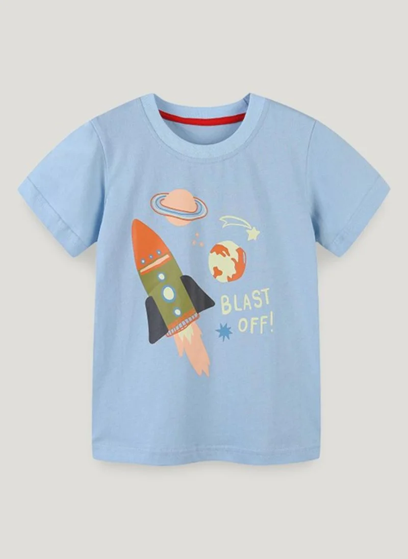 يونيكي Blue Printed Solid Round Neck Cotton T-shirt
