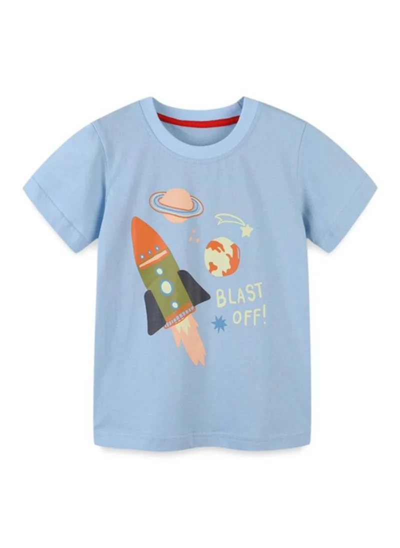 يونيكي Blue Printed Solid Round Neck Cotton T-shirt