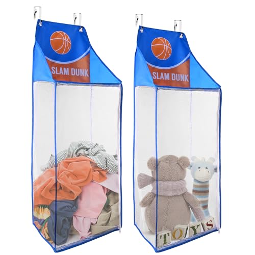 SPINFOX 2 Pack Over the Door Laundry Hamper, Hanging Basketball Laundry Hamper with Zipper, Foldable Mesh Laundry Bakset for Dirty Cloth Toy Towel Saving Space Storage and Organization - Basketball - Image 1