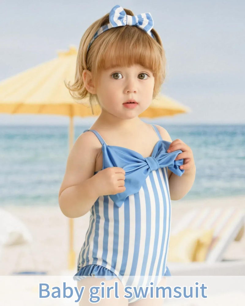 Mioglrie Baby Girl Swimsuit Infant 6-12 Month Bathing Suits Newborn Girls Summer Beach Swimwear Toddler Blue Ruffle Stripe One Piece Swim Suit - Image 2