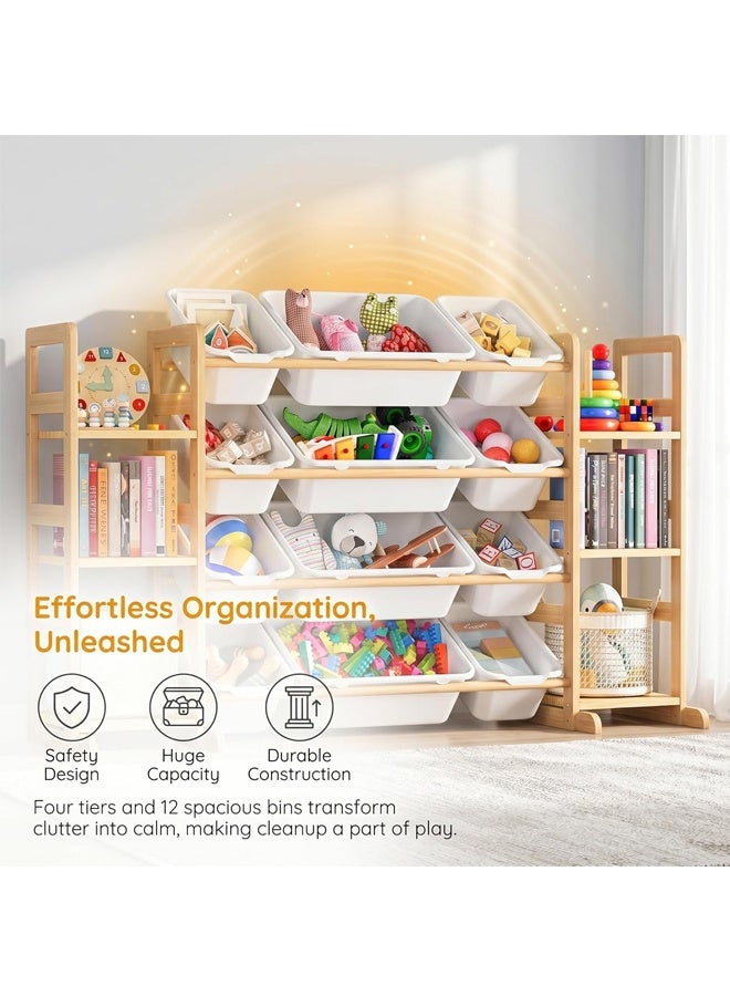 Beauenty Kids Toy Storage, with 4 Tiers 12 Bins, Large Capacity Wooden Toy Shelf with Bookshelves, Smooth Edge Design for Child Safety, Modern Toy Storage Rack for Playroom, Bedroom,Kids Room - Image 4