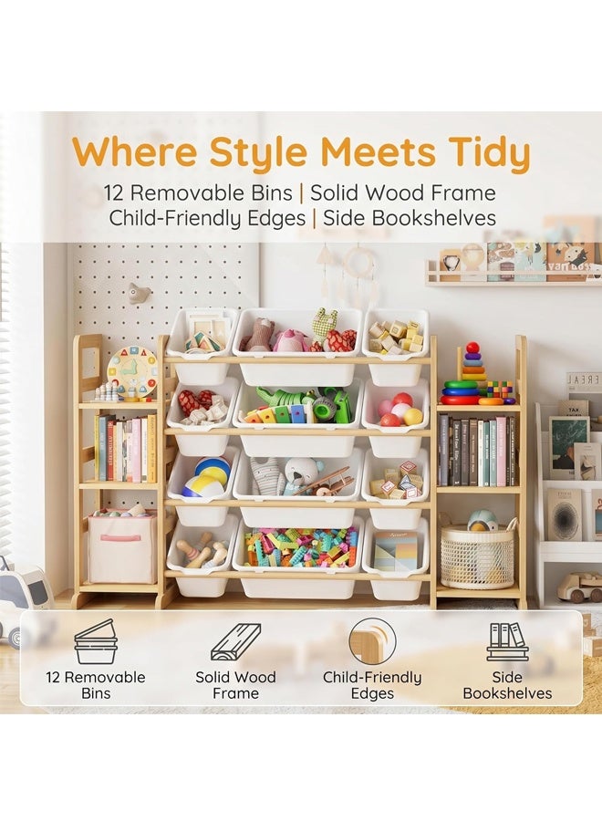 Beauenty Kids Toy Storage, with 4 Tiers 12 Bins, Large Capacity Wooden Toy Shelf with Bookshelves, Smooth Edge Design for Child Safety, Modern Toy Storage Rack for Playroom, Bedroom,Kids Room - Image 3