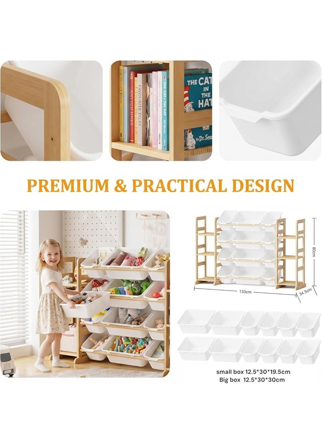 Beauenty Kids Toy Storage, with 4 Tiers 12 Bins, Large Capacity Wooden Toy Shelf with Bookshelves, Smooth Edge Design for Child Safety, Modern Toy Storage Rack for Playroom, Bedroom,Kids Room - Image 5