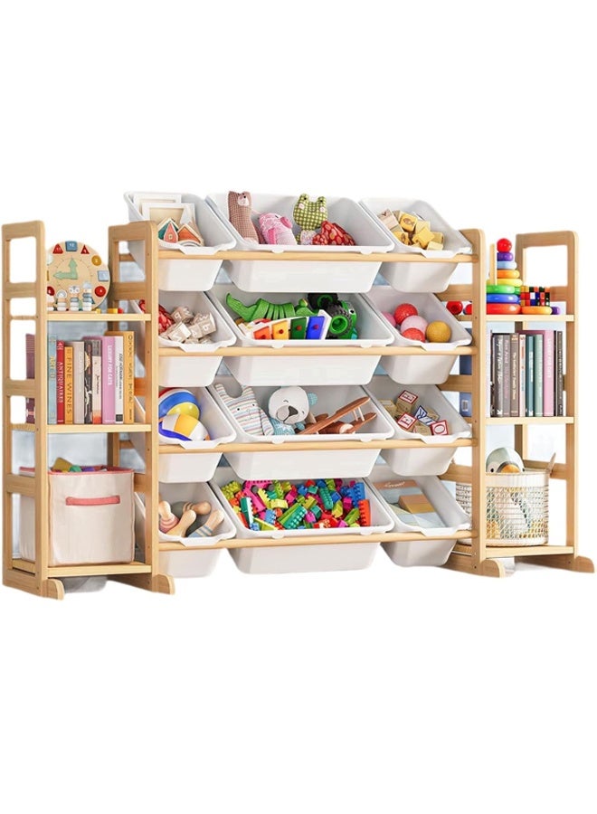 Beauenty Kids Toy Storage, with 4 Tiers 12 Bins, Large Capacity Wooden Toy Shelf with Bookshelves, Smooth Edge Design for Child Safety, Modern Toy Storage Rack for Playroom, Bedroom,Kids Room - Image 1