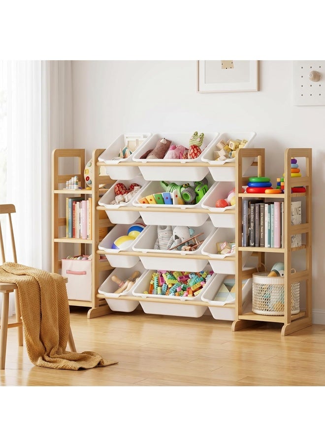 Beauenty Kids Toy Storage, with 4 Tiers 12 Bins, Large Capacity Wooden Toy Shelf with Bookshelves, Smooth Edge Design for Child Safety, Modern Toy Storage Rack for Playroom, Bedroom,Kids Room - Image 2