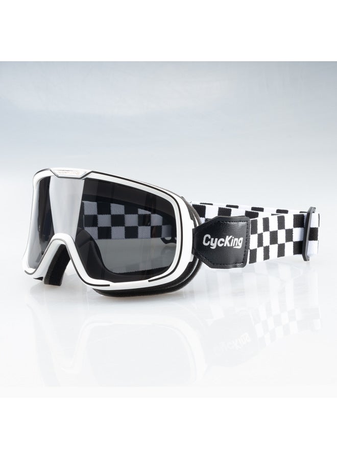 Black and White Grid Motorcycle Goggles - Windproof Harley Riding Glasses with Black Tea Lenses and Silver-Plated Frame for Off-Road Use