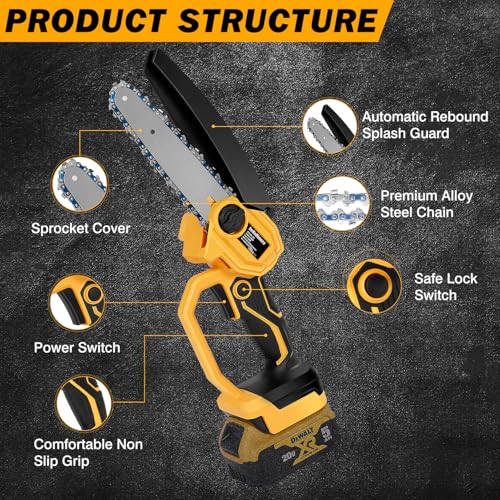 bellaDimora Cordless 6-Inch Mini Chainsaw for DeWalt 20V MAX Battery, Pure Copper Motor 17000 RPM, One-Handed, Cuts 6-Inch Branches, Dual Safety - Tree Trimming & Yard (No Battery) - Image 5