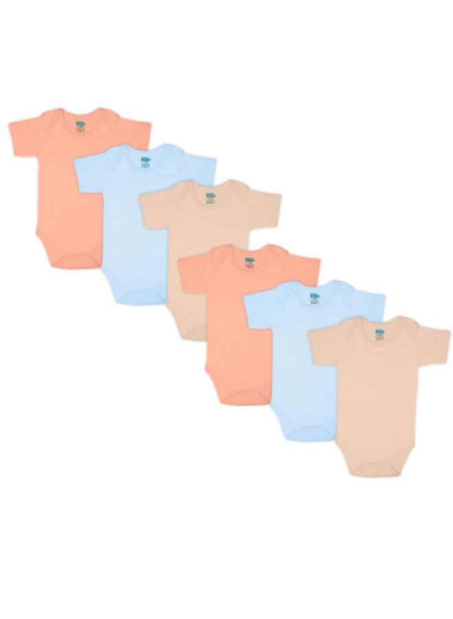 Babies Basic 100% Super Combed Cotton, Short Sleeves Romper/Bodysuit, For New Born To 24Months, Set Of 6 - Blue, Orange, Brown  - Image 1