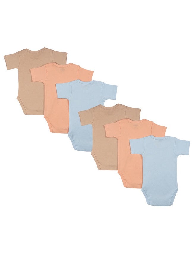 Babies Basic - 100% Super Combed Cotton, Short Sleeves Romper/Bodysuit, For New Born To 24Months, Set Of 6 - Blue, Orange, Brown - Image 1
