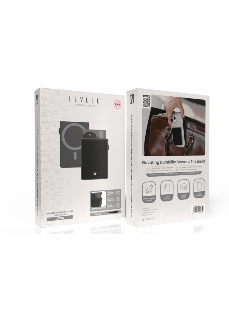 LEVELO Lusso Saffiano Leather Card Holder with MagSafe Compatible / Card Popup Button / 3-Card Capacity /  Strong MagSafe Magnet / Easy to Carry / Premium Material - Black  - Image 5
