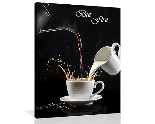 OWNANRTHM Coffee Canvas Wall Art But First Coffee Sign Poster Abstract Coffee Pictures for Coffee Bar for Kitchen Dining Room Wall Decor Framed 12X16 inch - Image 1