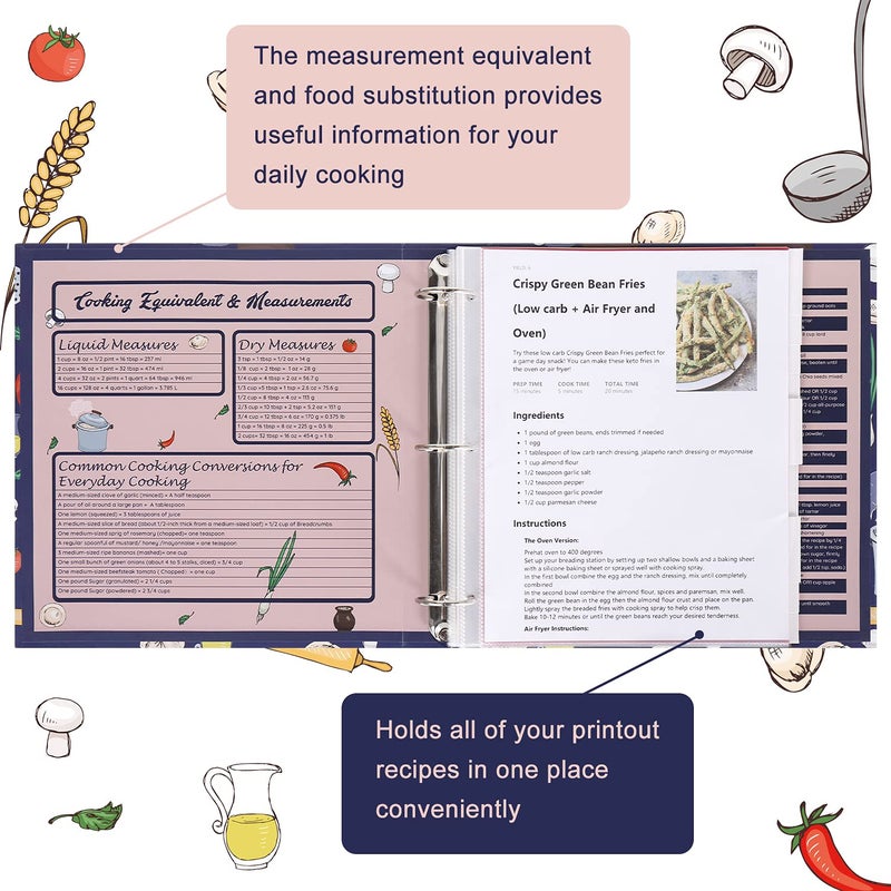 SOLIGT Recipe Binder Kit - 3 Ring Full Page Recipe Book Binder 8.5"x11" with 60 Page Protectors, 12 Dividers and Labels for Family Recipe Organizer, Grain Design - Image 5