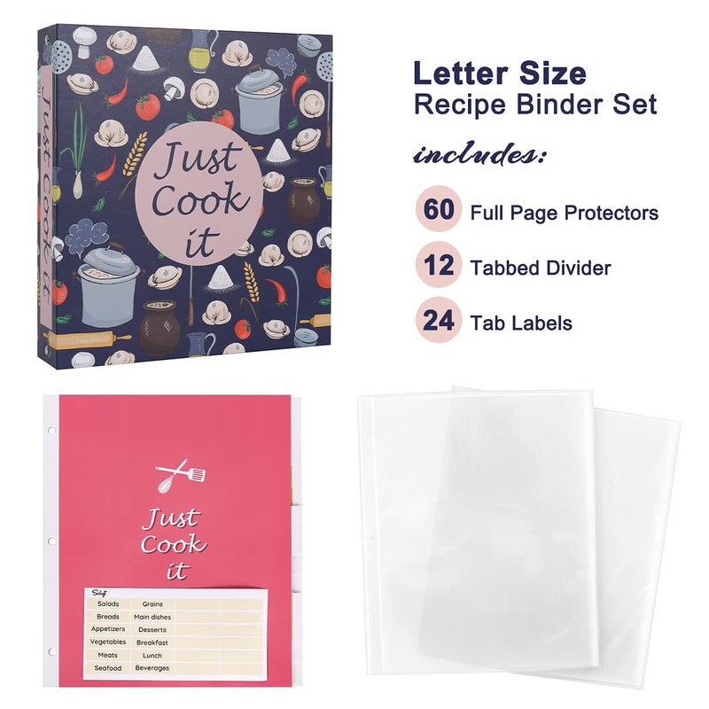 SOLIGT Recipe Binder Kit - 3 Ring Full Page Recipe Book Binder 8.5"x11" with 60 Page Protectors, 12 Dividers and Labels for Family Recipe Organizer, Grain Design - Image 2