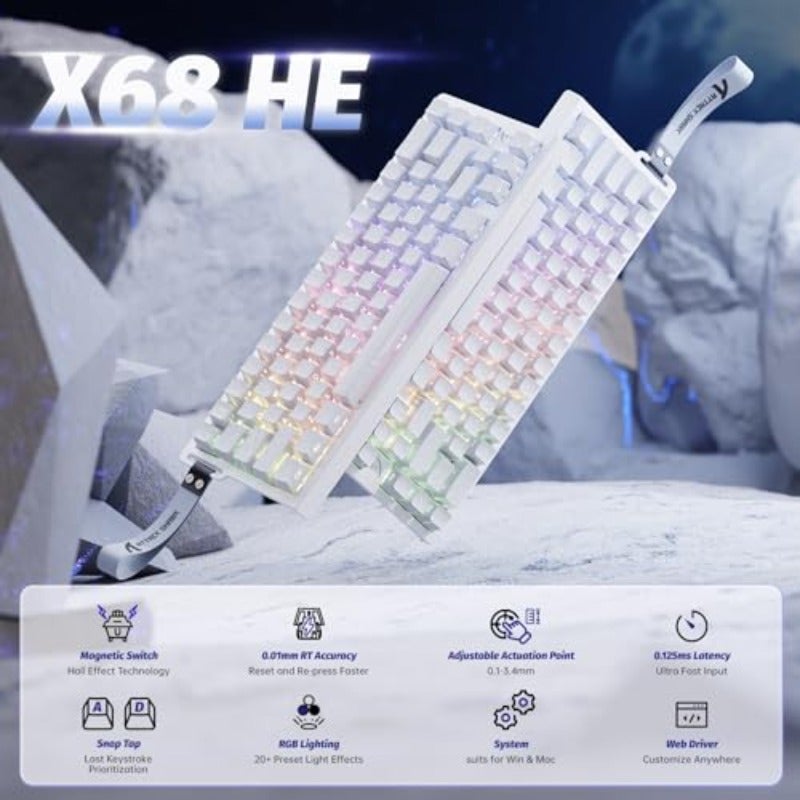 لوحة مفاتيح الألعاب بسرعة الاستجابة هجوم القرش X68 HE 8000Hz مع استجابة سريعة 0.01 ملم، سلكية، مزودة بمفاتيح مغناطيسية وزنادات قابلة للتعديل، إضاءة RGB، للأجهزة الكمبيوتر والماك، تصميم أبيض بالتفاصيل - Image 2