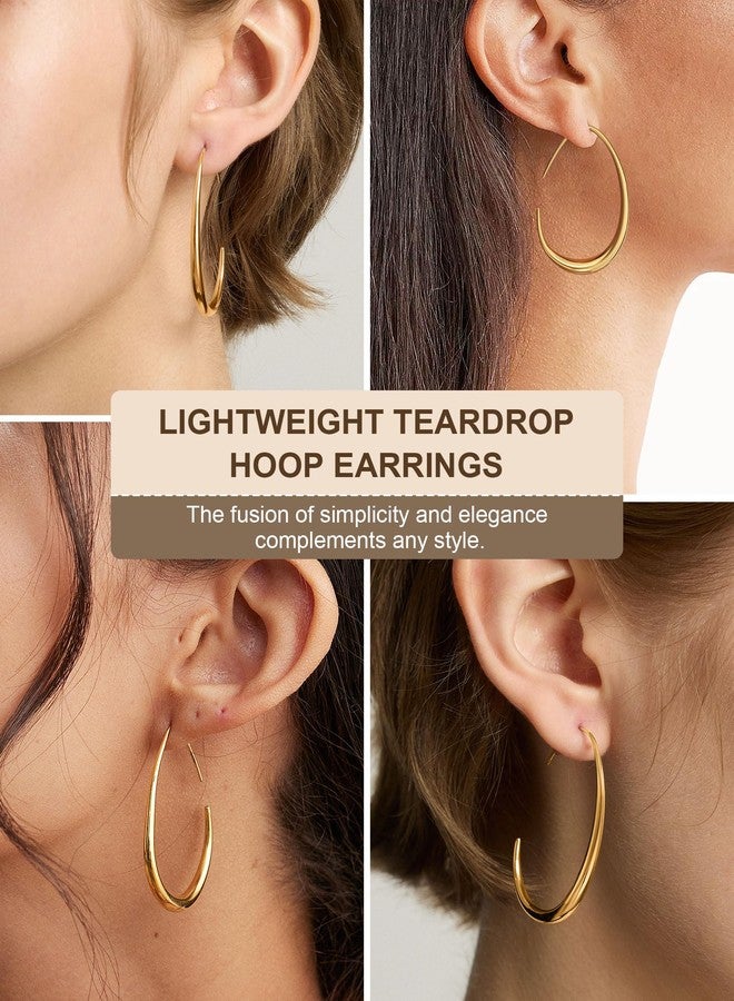 WSSXC 2Pairs Lightweight Teardrop Hoop Earrings for Women - 18k Gold Plated Large Small Size Oval Pull Through Hoop Earrings Teen Gift High Polished Statement Jewelry for Women - Image 2
