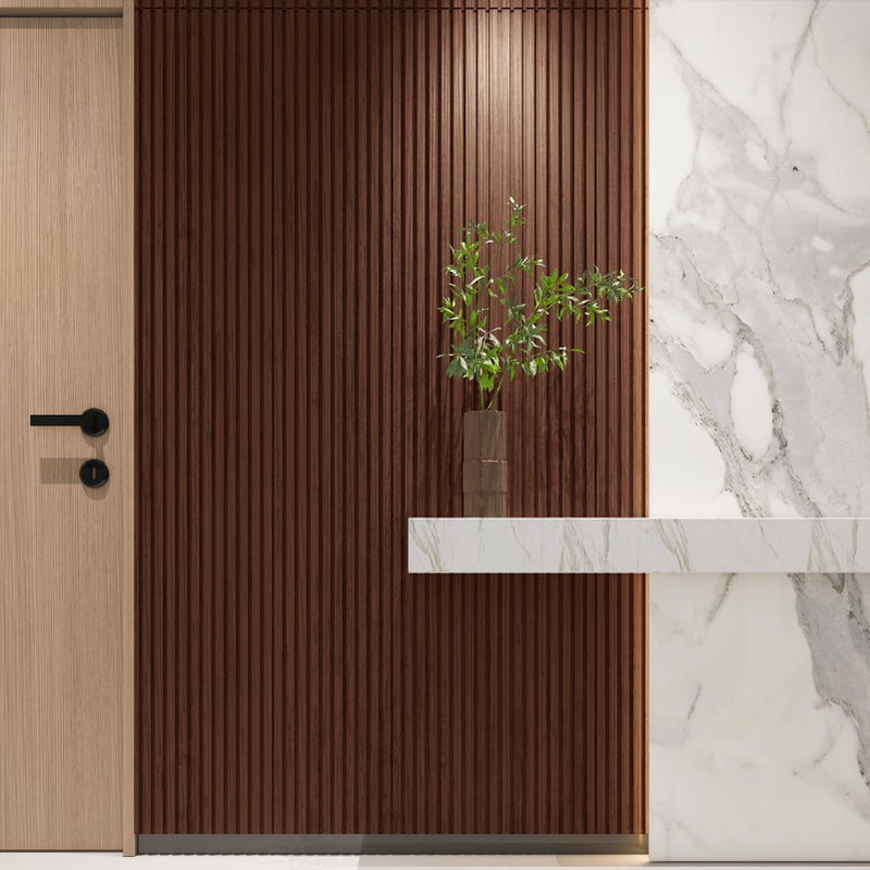 Art3d Slat Wood Wall Paneling for Interior and Ceiling Decoration - Pack of 4pcs + 1pc End-Trim, Size 108 x 5.7in.- Walnut - Image 5