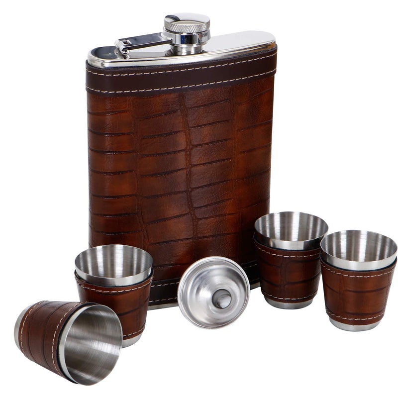 Jonquin زجاجة فلاسكة من الفولاذ المقاوم للصدأ مغطاة بالجلد مع قمع و 4 أكواب شوت للرجال والنساء، 9 أونصات (266 مل) للنبيذ والويسكي والفودكا والمشروبات الكحولية، حاملة زجاجة جيب - Image 2