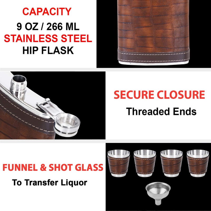 Jonquin زجاجة فلاسكة من الفولاذ المقاوم للصدأ مغطاة بالجلد مع قمع و 4 أكواب شوت للرجال والنساء، 9 أونصات (266 مل) للنبيذ والويسكي والفودكا والمشروبات الكحولية، حاملة زجاجة جيب - Image 5