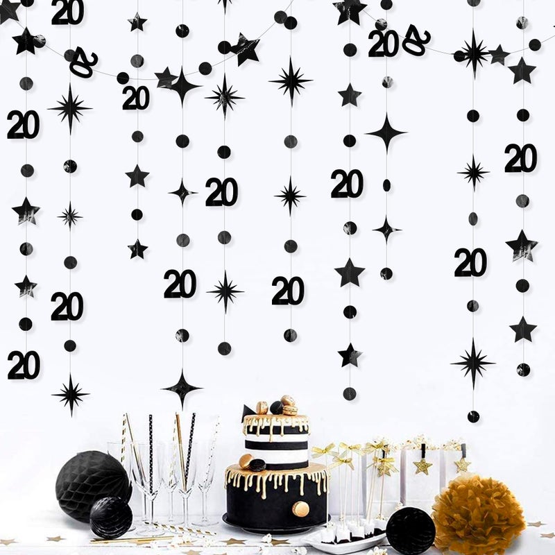 pinkblume Black 20th Birthday Decorations Number 20 Circle Dot Star Metallic Hanging Streamer Banner Backdrop for Women Mens Cheers to 20 Years Birthday Happy 20th Anniversary Party Supplies - Image 1