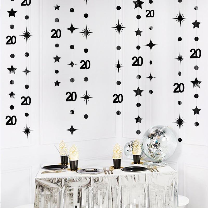 pinkblume Black 20th Birthday Decorations Number 20 Circle Dot Star Metallic Hanging Streamer Banner Backdrop for Women Mens Cheers to 20 Years Birthday Happy 20th Anniversary Party Supplies - Image 5