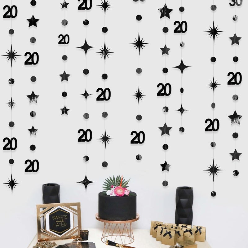 pinkblume Black 20th Birthday Decorations Number 20 Circle Dot Star Metallic Hanging Streamer Banner Backdrop for Women Mens Cheers to 20 Years Birthday Happy 20th Anniversary Party Supplies - Image 3