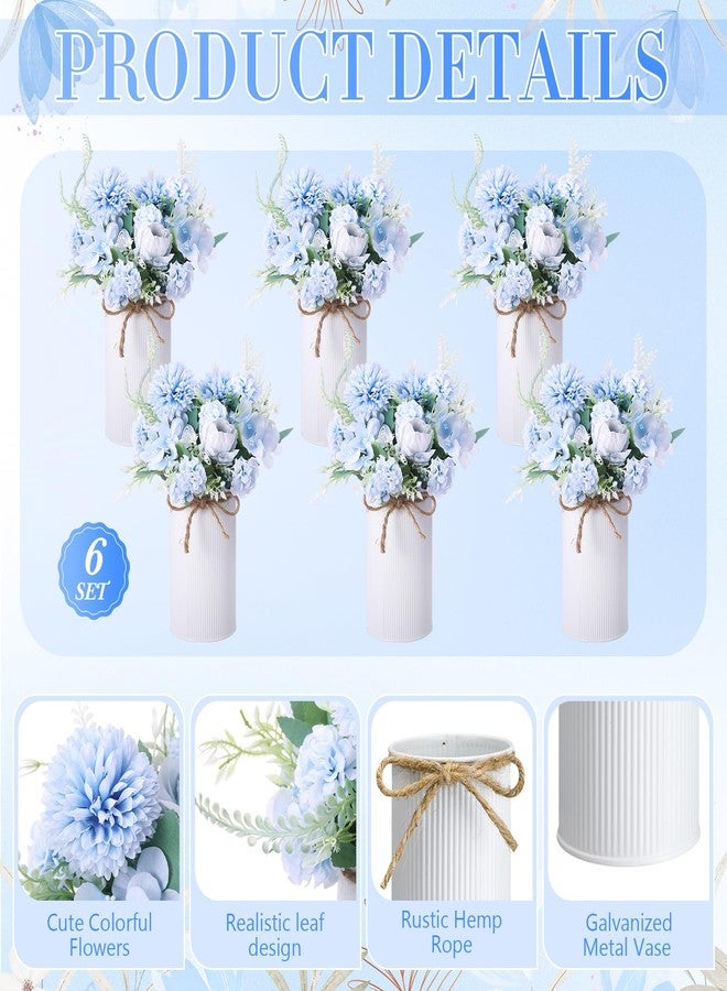 Domensi 6 Sets Wedding Centerpiece for Table Decoration Light Blue Artificial Fake Rose Flower with Metal Vase Faux Silk Rose Bouquet Floral Arrangement for Bridal Shower Home Dining - Image 5