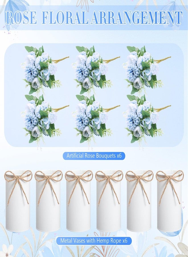 Domensi 6 Sets Wedding Centerpiece for Table Decoration Light Blue Artificial Fake Rose Flower with Metal Vase Faux Silk Rose Bouquet Floral Arrangement for Bridal Shower Home Dining - Image 3