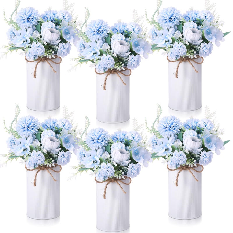 Domensi 6 Sets Wedding Centerpiece for Table Decoration Light Blue Artificial Fake Rose Flower with Metal Vase Faux Silk Rose Bouquet Floral Arrangement for Bridal Shower Home Dining - Image 1