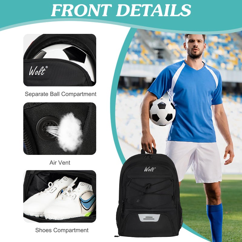 WOLT | Youth Soccer Bag, Soccer Backpack, Basketball Backpack with Cleat Shoe and Ball Compartments Sports Backpack for Volleyball Football for Men Women (Black) - Image 3