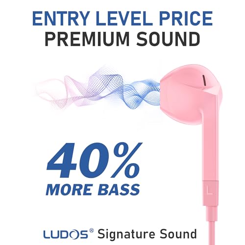 LUDOS FEROX Wired Earbuds in-Ear Headphones, 5 Years Warranty, Earphones with Microphone, Noise Isolation Corded for 3.5mm Jack Ear Buds for iPhone, Samsung, Laptop, Kids, School Students - Pink - Image 3