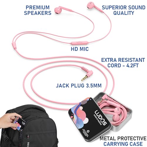 LUDOS FEROX Wired Earbuds in-Ear Headphones, 5 Years Warranty, Earphones with Microphone, Noise Isolation Corded for 3.5mm Jack Ear Buds for iPhone, Samsung, Laptop, Kids, School Students - Pink - Image 2