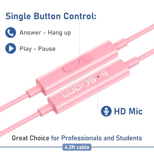 LUDOS FEROX Wired Earbuds in-Ear Headphones, 5 Years Warranty, Earphones with Microphone, Noise Isolation Corded for 3.5mm Jack Ear Buds for iPhone, Samsung, Laptop, Kids, School Students - Pink - Image 4