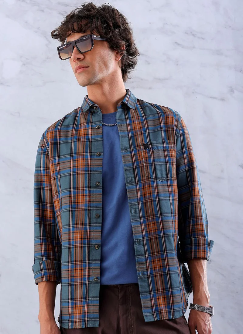 The Indian Garage Co Men Regular Fit Checkered Full Sleeves Cutaway Collar Casual Shirt