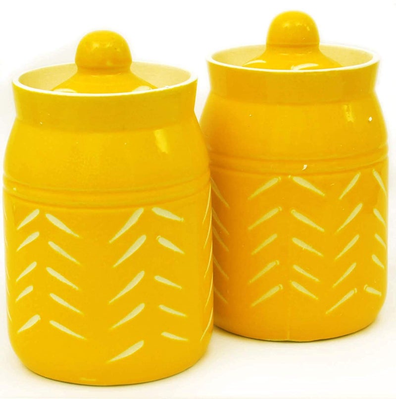 SHRIYAM CRAFTS Ceramic Jar With Lid Unique Design Food Storage Container In Yellow (Jar Yellow 500Ml Pack Of 2), Brown - Image 1